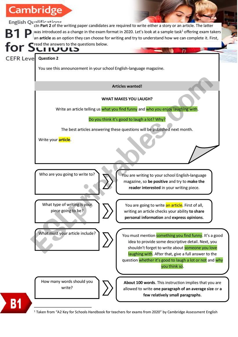 WRITING AN ARTICLE FOR CAMBRIDGE B1 PRELIMINARY (PET) [methodology]